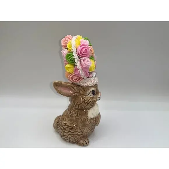 Vintage Ceramic Pretty Bunny Spring Bunny Floral Flower Hat Deb O. Original OOAK - Picture 5 of 16